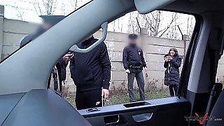 Hardcore action in driving van interrupted by real Police officers